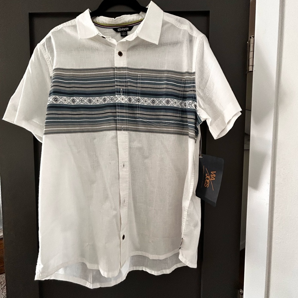 White and Blue Casual Button Down Shirt with Geometric Pattern , recycled cotton